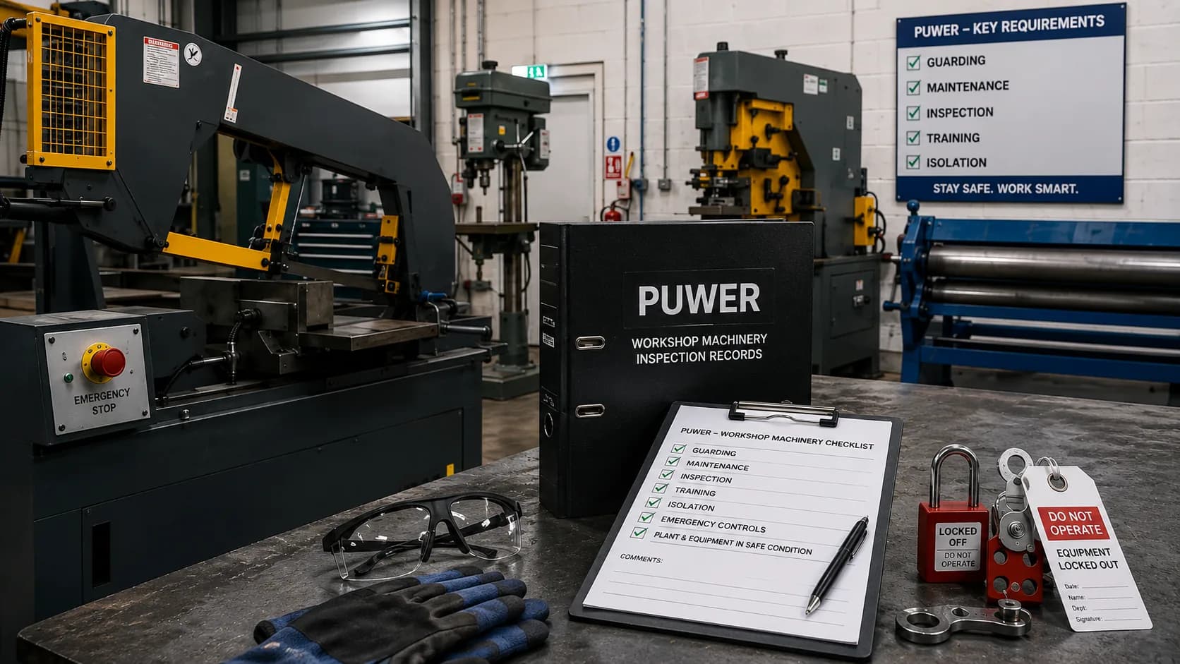 PUWER workshop machinery inspection records with guarded equipment, emergency stop, lockout tag and PPE in a steel fabrication workshop