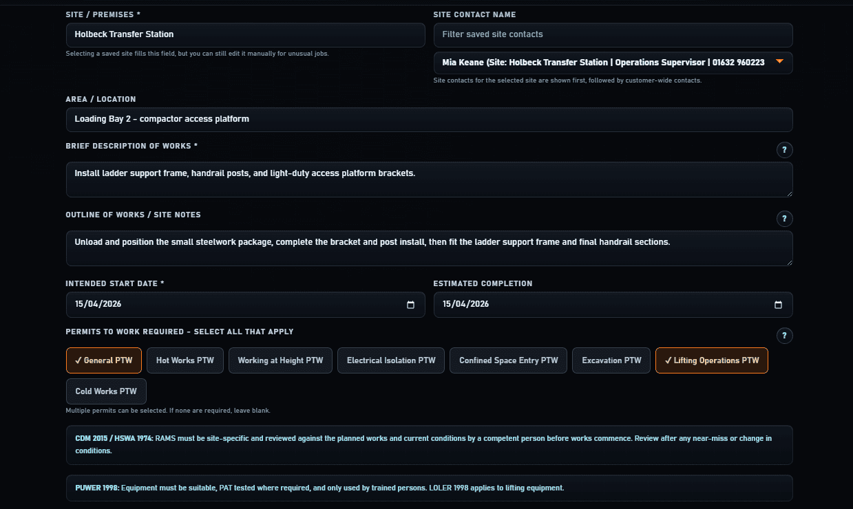 Fabora RAMS draft setup screen with site details, work area, dates, permits, and notes fields.