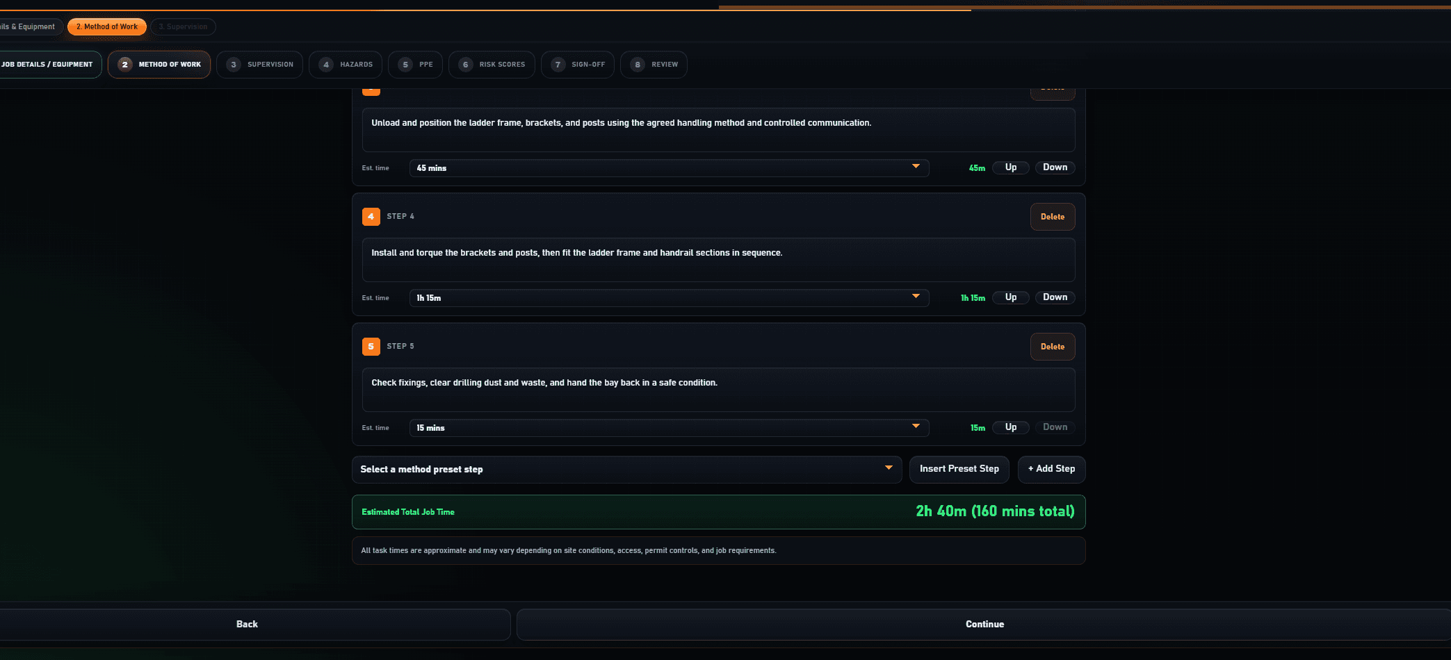 Fabora RAMS method of work editor with ordered task steps, estimated job time, and insert preset step actions.