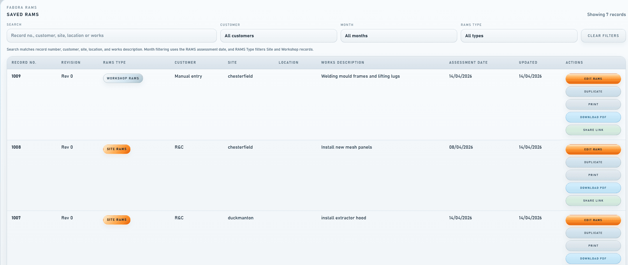 Fabora RAMS working screen shown in light mode with the same drafting workflow and job detail visible.