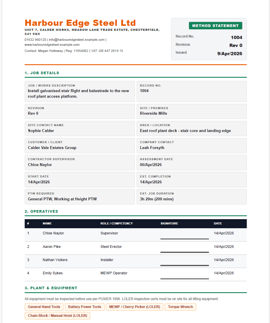 Fabora RAMS branded PDF output preview showing example issued RAMS pages prepared for steelwork delivery.