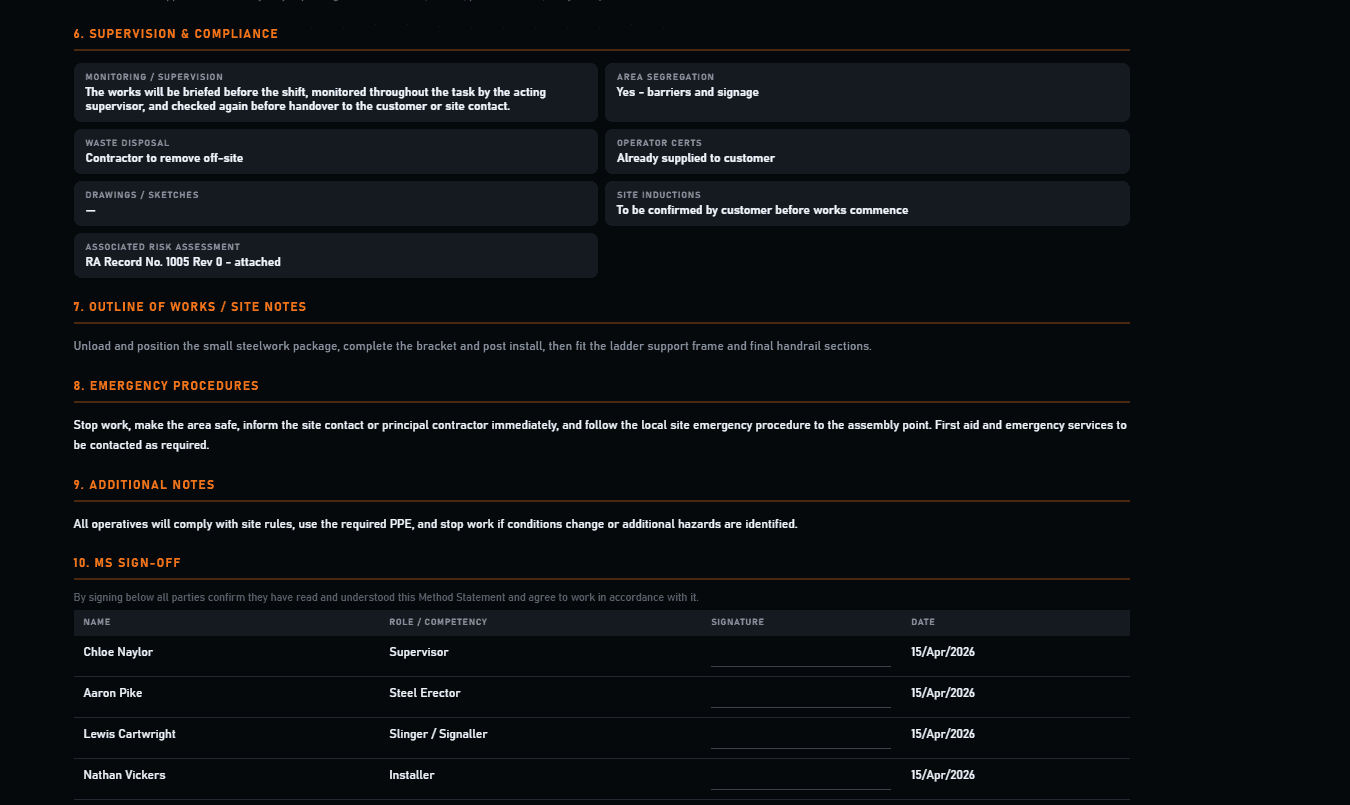 Fabora RAMS final pack preview showing supervision, site notes, emergency procedures, and method statement sign-off.