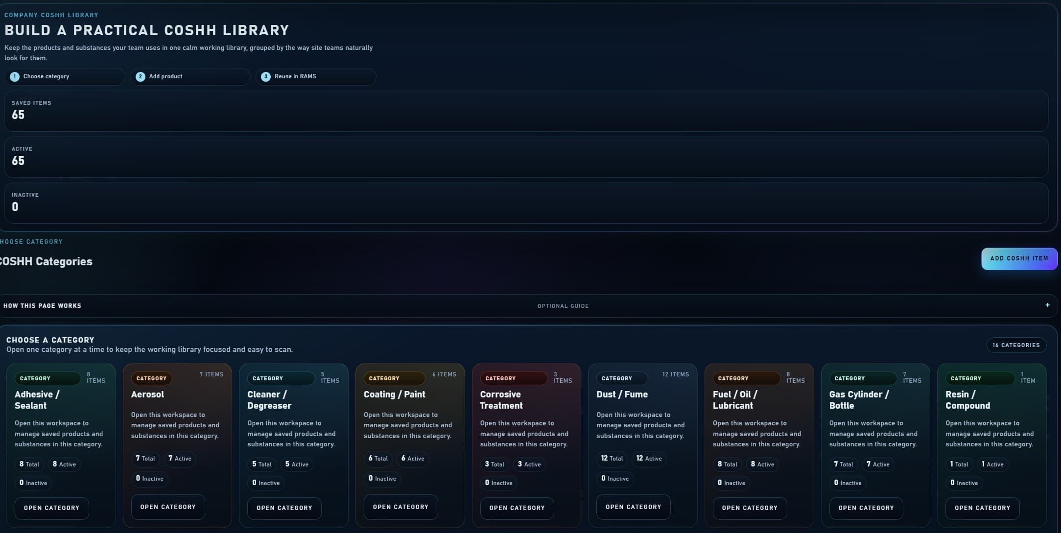Fabora RAMS COSHH library screen showing saved product and substance categories for use in RAMS.