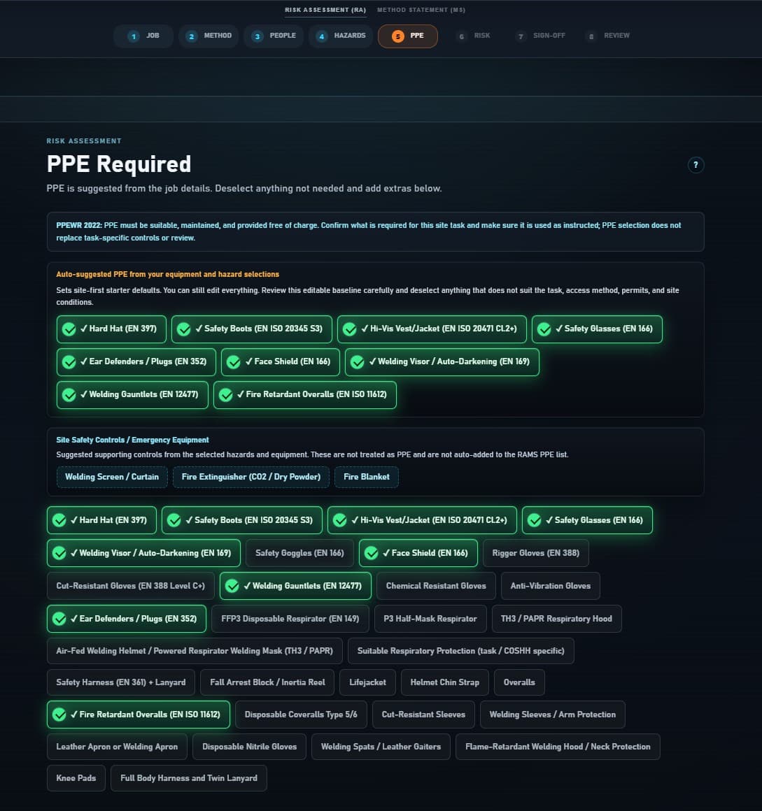 Fabora RAMS PPE selection screen showing auto-suggested PPE and editable safety equipment for a site welding task.