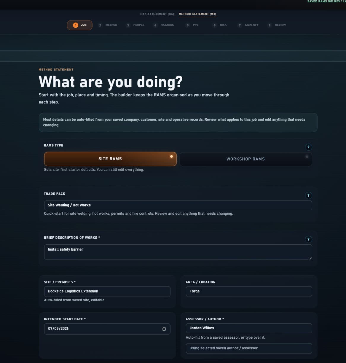 Fabora RAMS method statement job setup screen showing RAMS type, trade pack, description of works, site, location, start date and assessor fields.