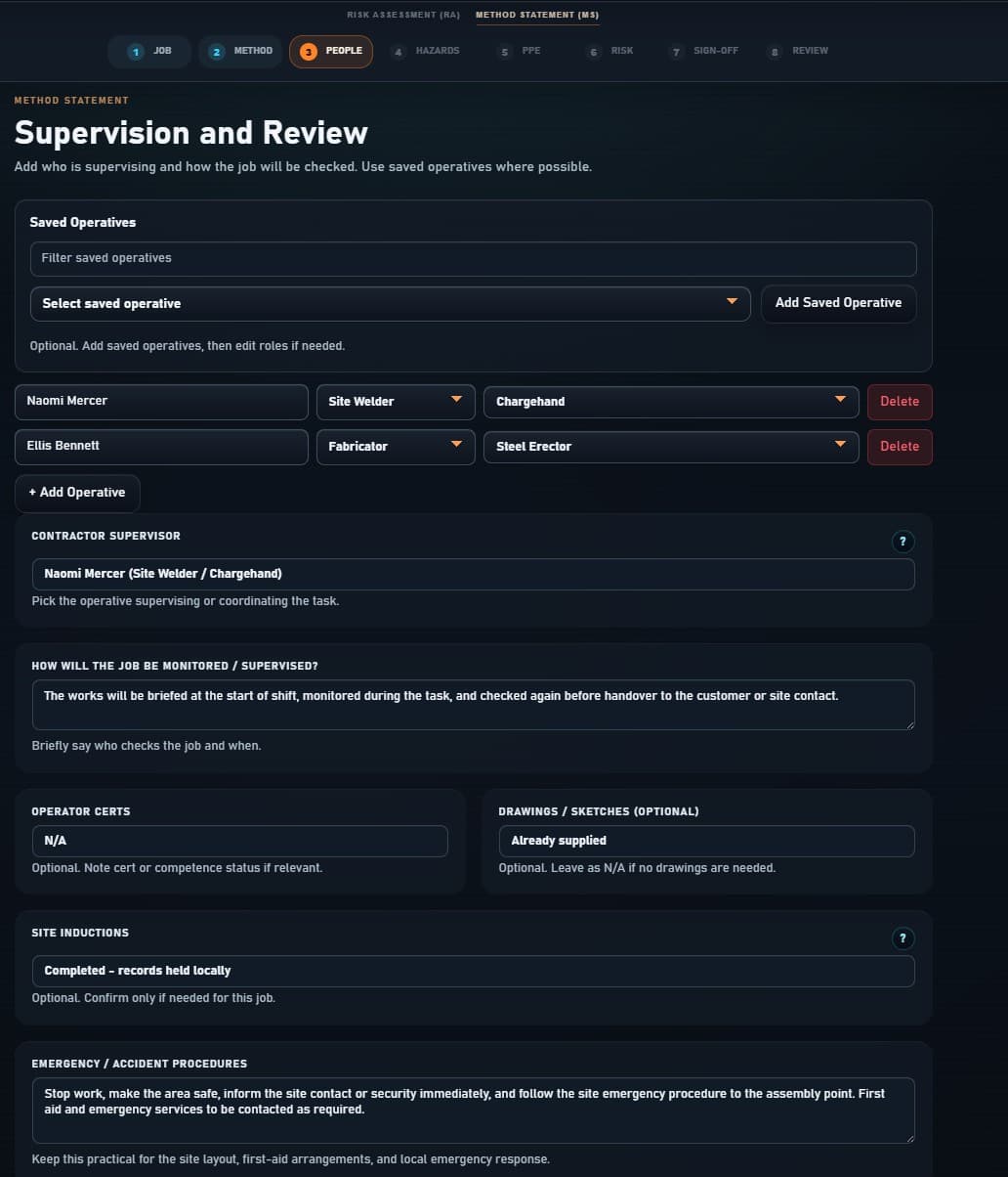 Fabora RAMS supervision and review screen showing saved operatives, supervisor selection, monitoring notes, site inductions and emergency procedures.