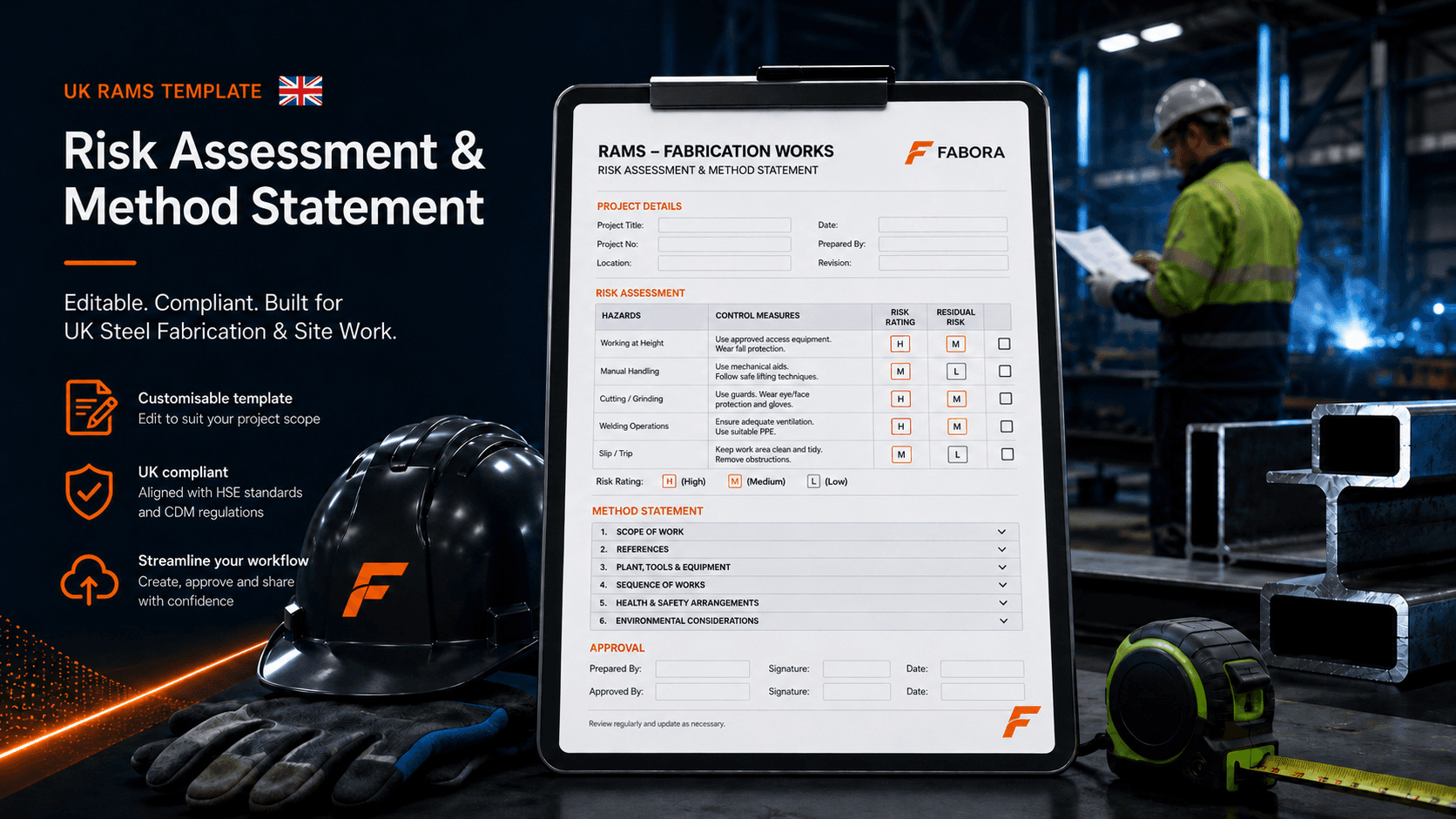 UK RAMS template for steel fabrication, welding and site work showing a risk assessment and method statement document