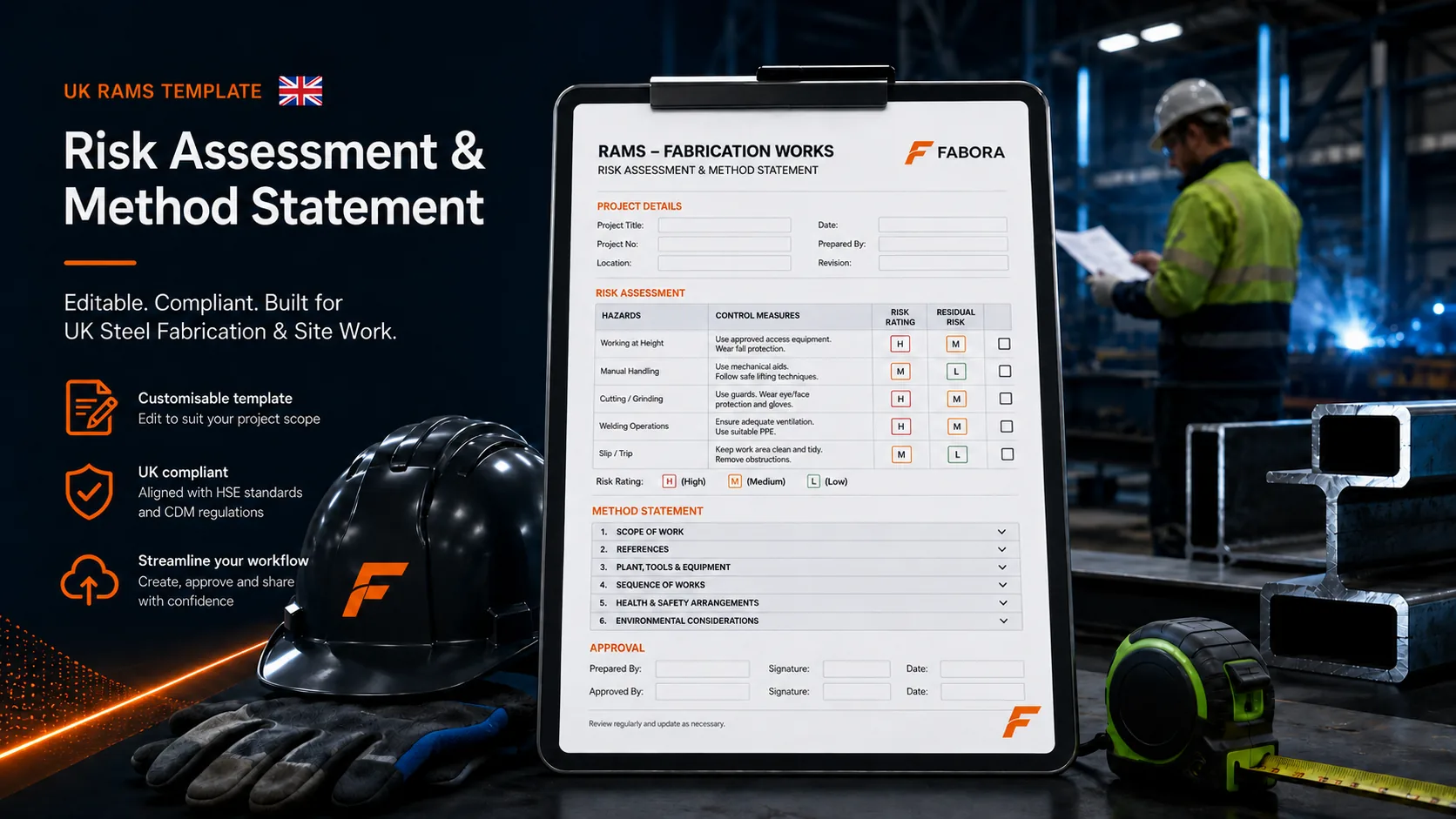 UK RAMS template for steel fabrication, welding and site work showing a risk assessment and method statement document