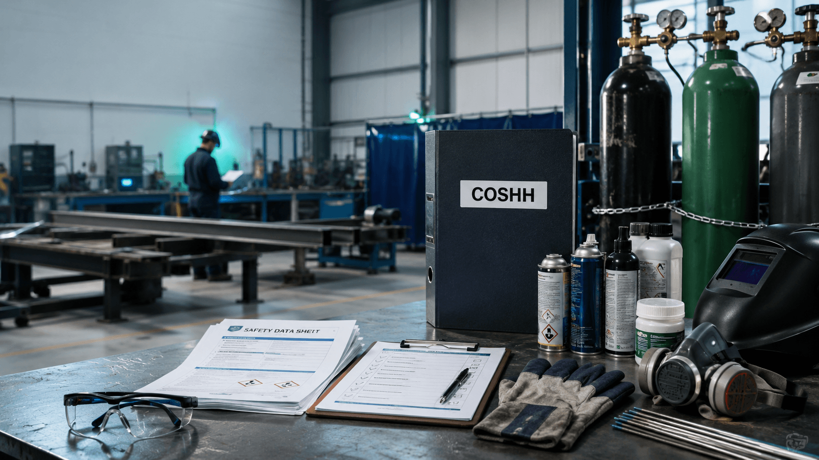 COSHH folder, safety data sheets, welding consumables, gas cylinders and PPE in a steel fabrication workshop