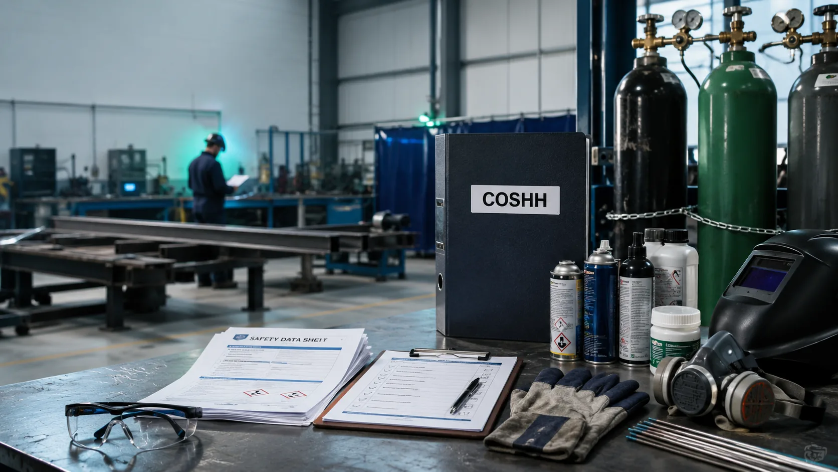 COSHH folder, safety data sheets, welding consumables, gas cylinders and PPE in a steel fabrication workshop