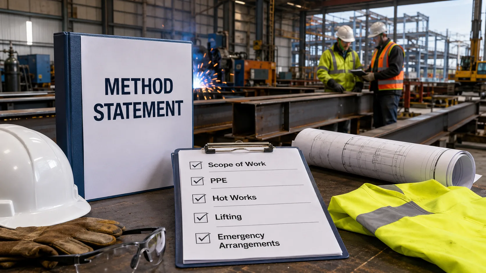 Method statement folder, checklist, PPE, drawings and steelwork being reviewed in a fabrication workshop