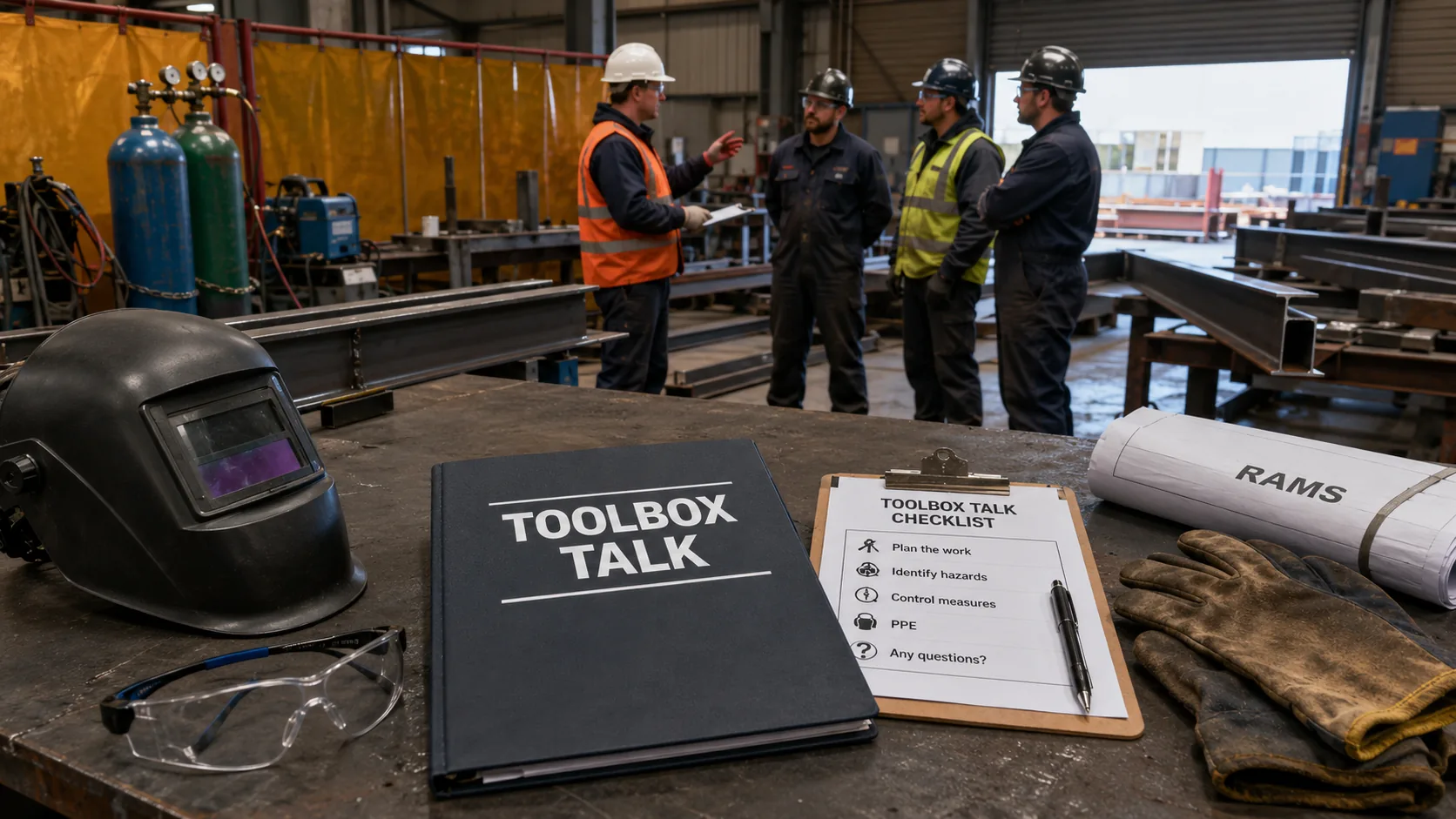 Toolbox talk folder, safety checklist, PPE, RAMS drawings and steelwork team briefing in a fabrication workshop