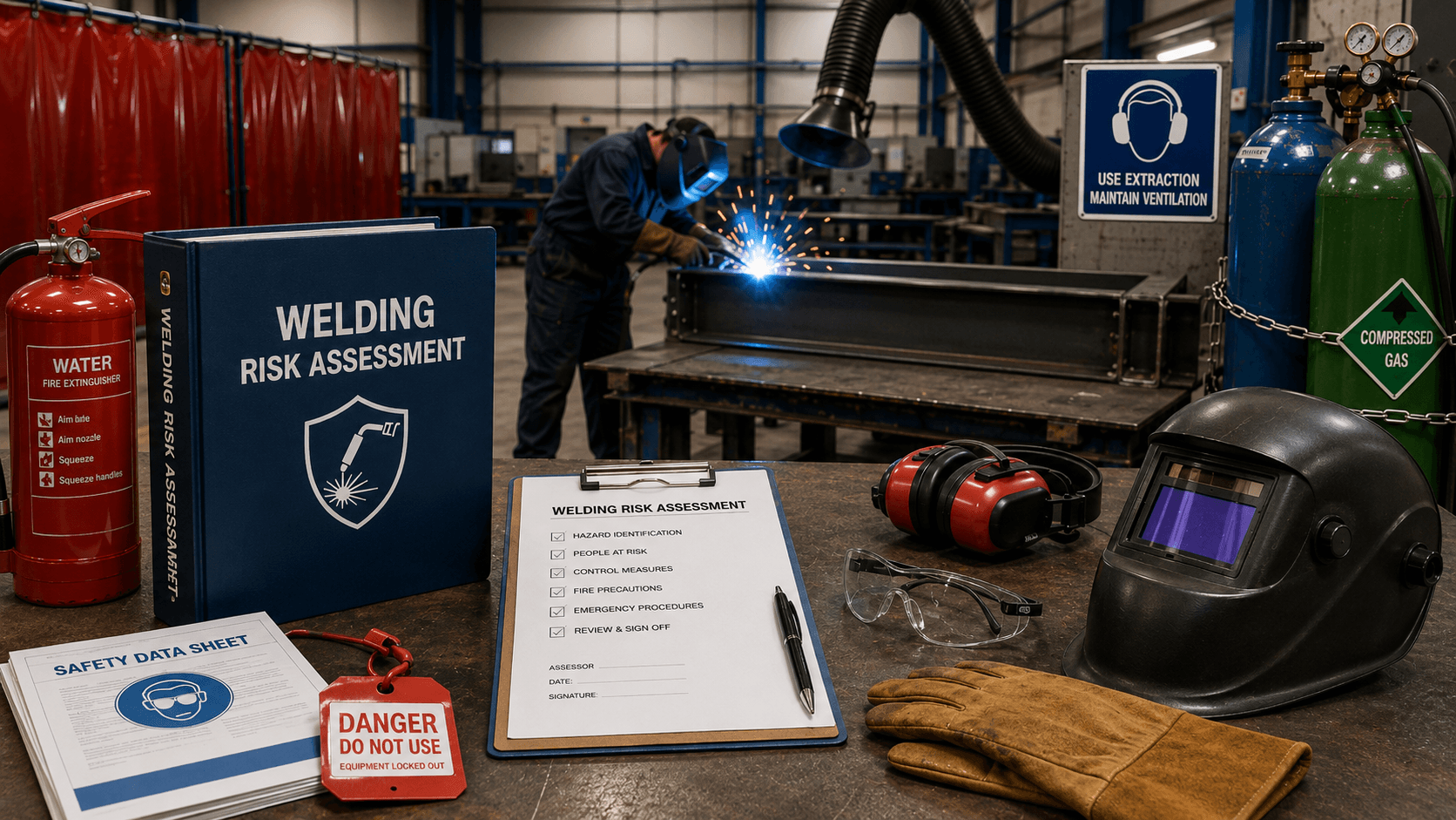 Welding risk assessment folder, safety checklist, PPE, gas cylinders, fire extinguisher and welder working in a fabrication workshop