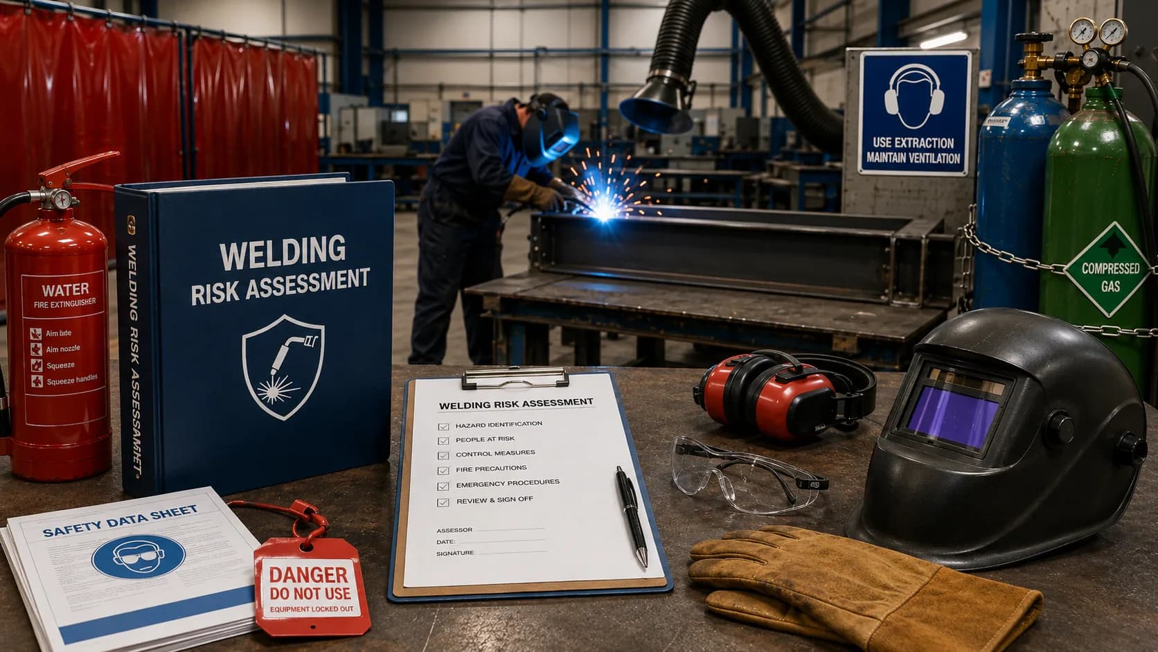 Welding risk assessment folder, safety checklist, PPE, gas cylinders, fire extinguisher and welder working in a fabrication workshop