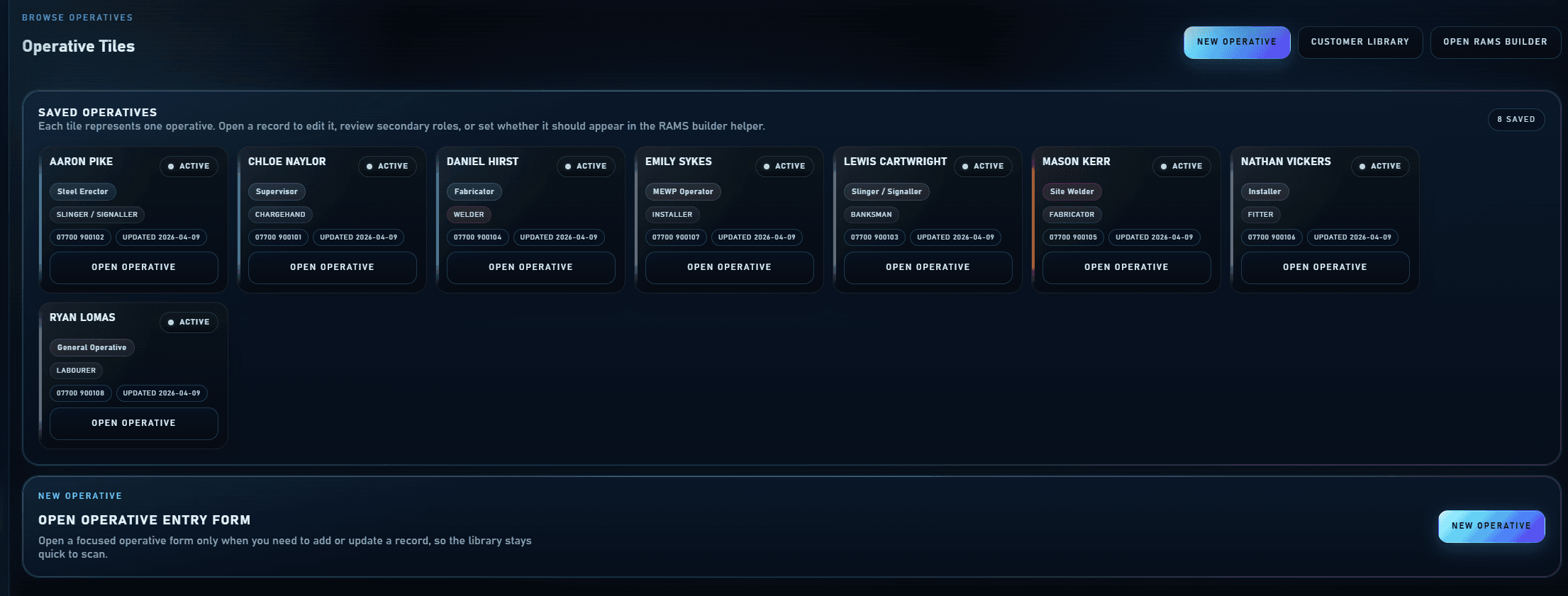 Fabora RAMS operative library showing reusable company operative records for drafting RAMS packs.