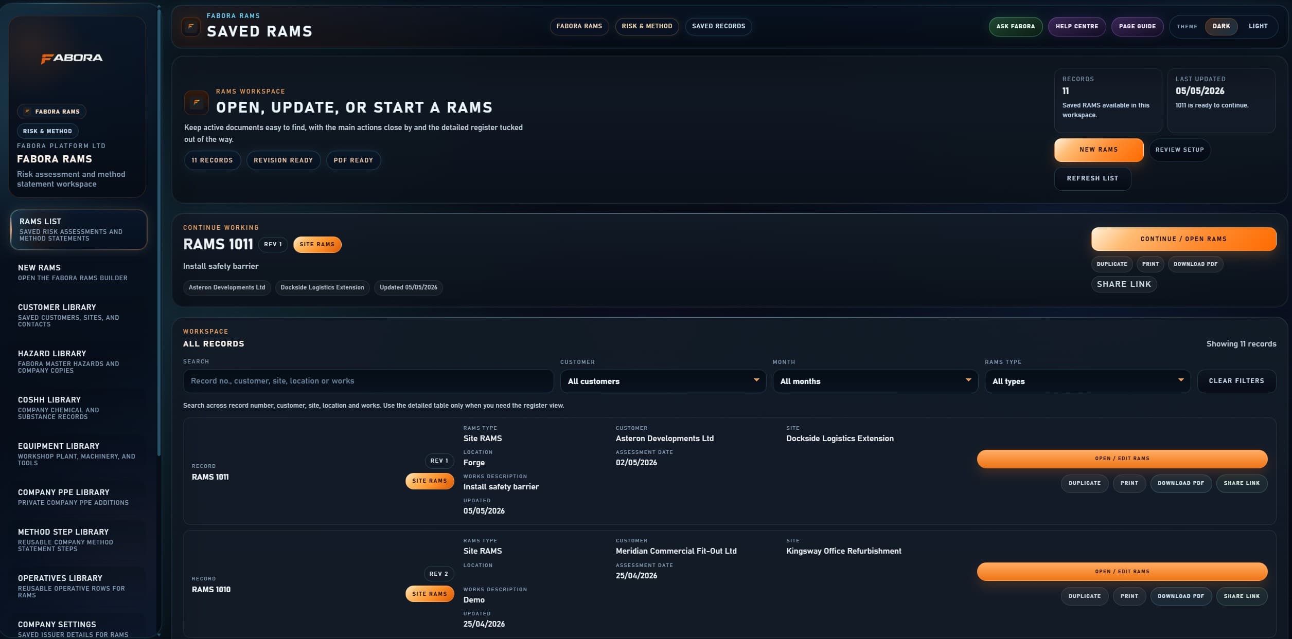 Fabora RAMS saved records screen showing live RAMS records, revision control, PDF download and share actions.
