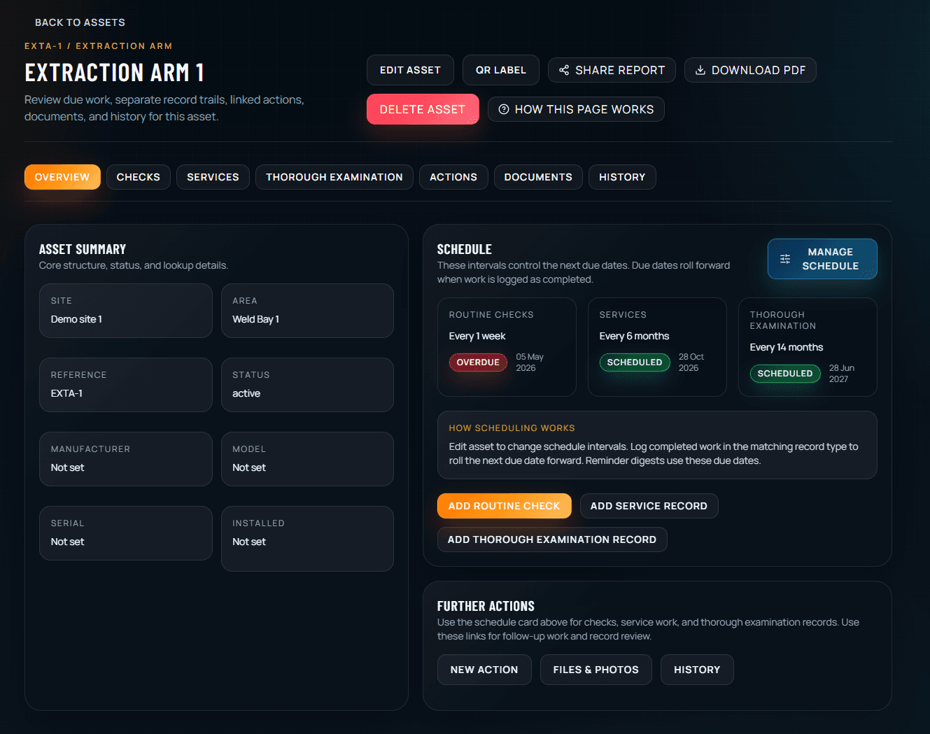 LEV Ready asset overview showing extraction asset schedule, due dates, QR label access, PDF reports and follow-up actions