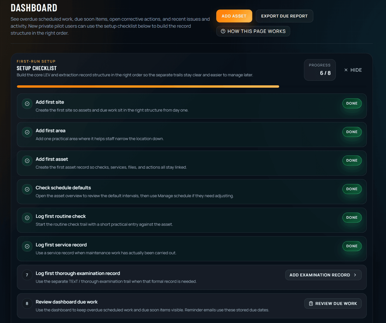 LEV Ready dashboard showing setup progress, due work and extraction record tasks