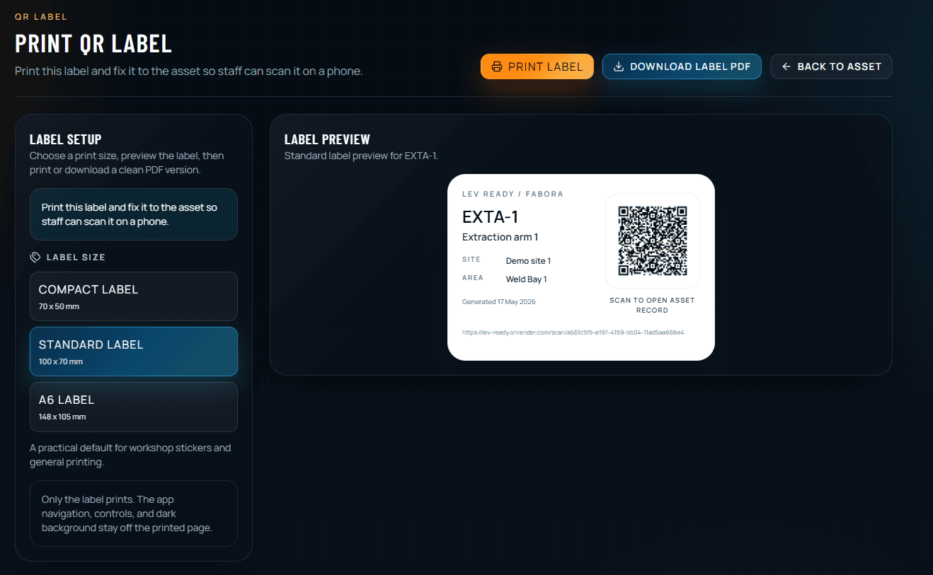 LEV Ready QR label generator showing a printable asset label with QR code