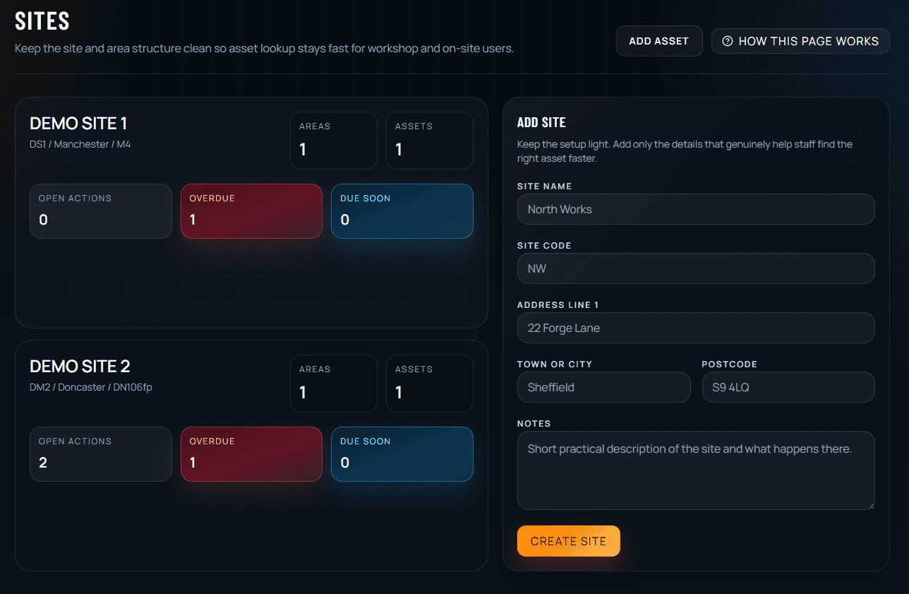 LEV Ready sites page showing site cards, areas, assets and setup fields