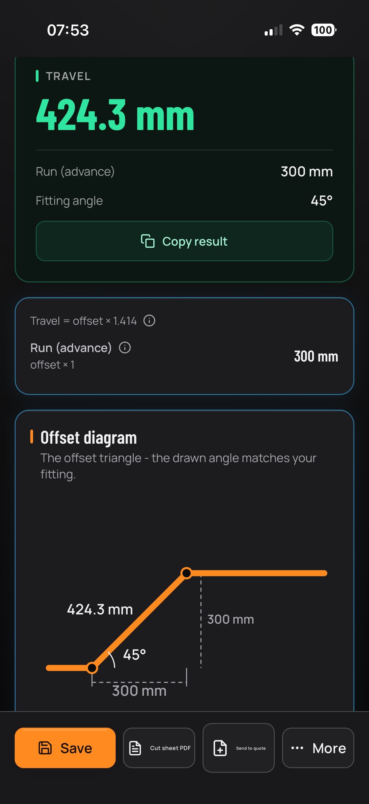 Pipe offset calculator in the Fabora Steel Tools app showing set, travel, angle and cut length with a diagram