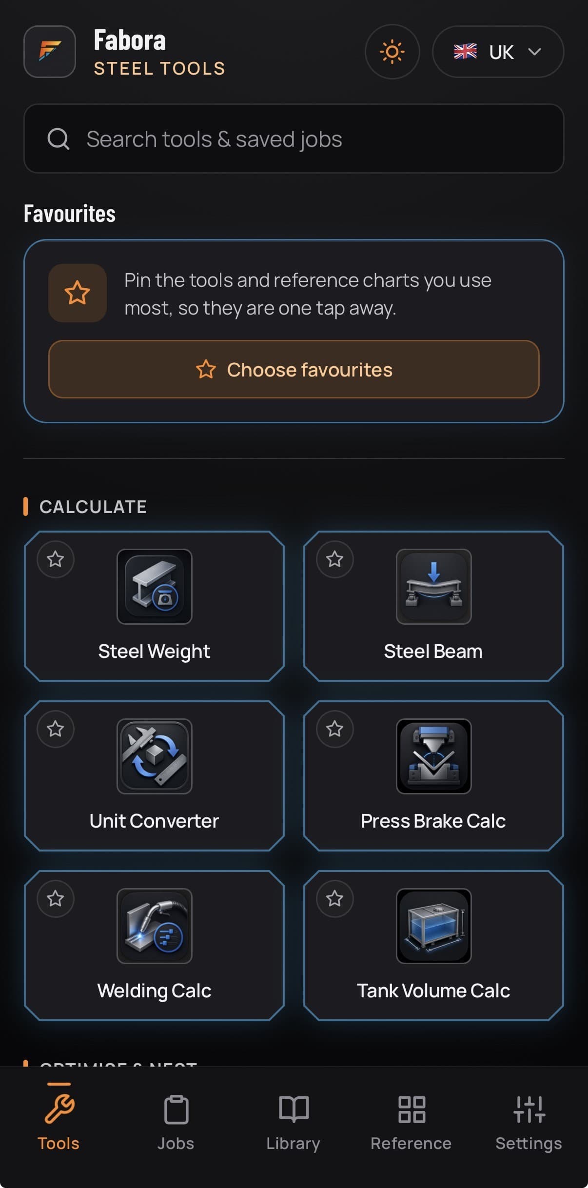 Fabora Steel Tools home screen showing the tool grid with steel weight, stock cutting, plate nesting, pipe offset and welding calculators