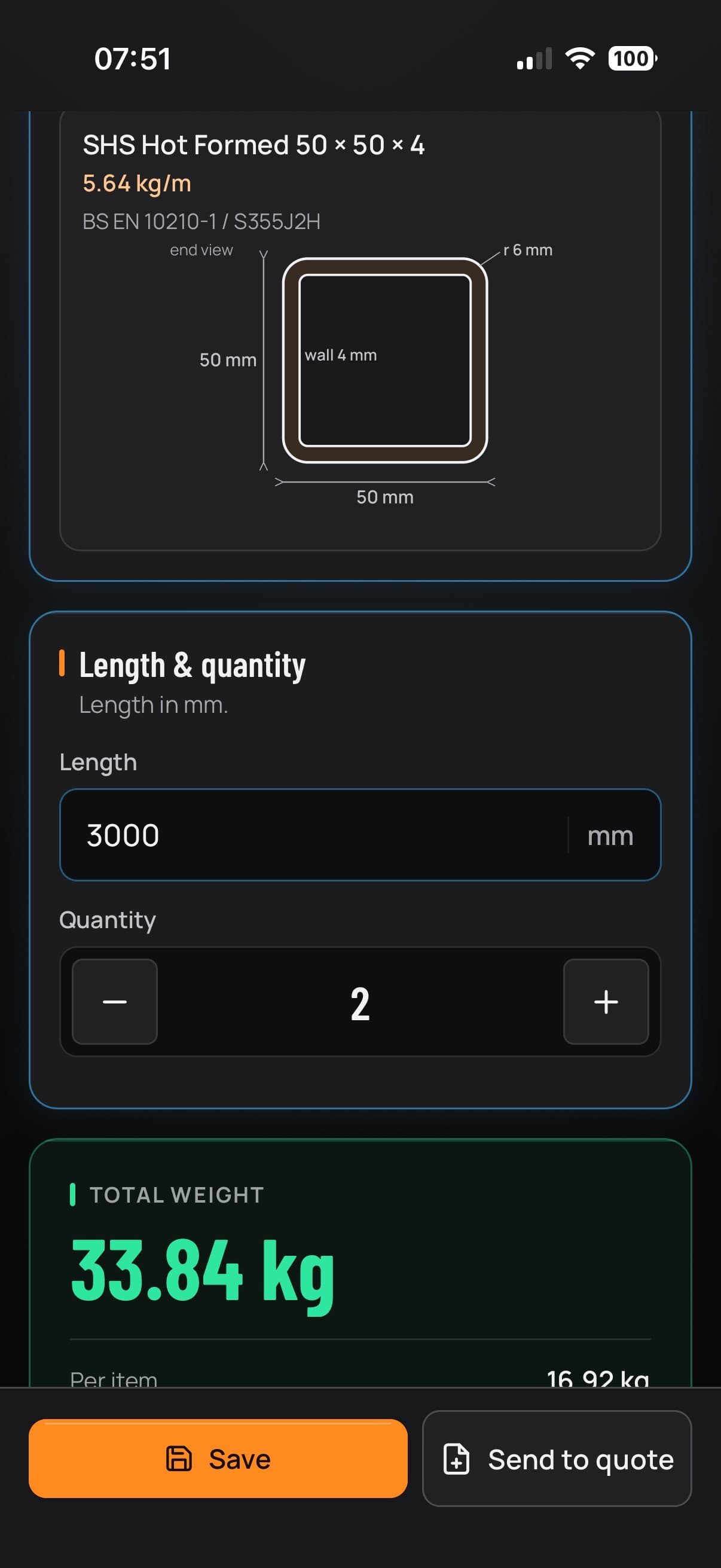 Steel weight calculator in the Fabora Steel Tools app showing a UK section, length, quantity and calculated weight