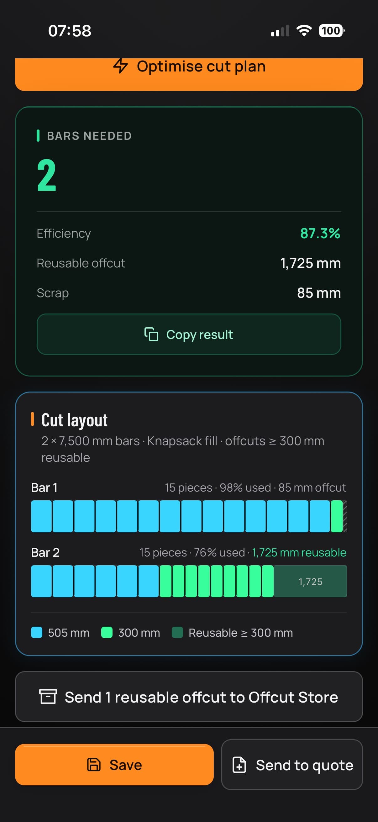 Stock cutting optimiser showing required cuts allocated across stock lengths