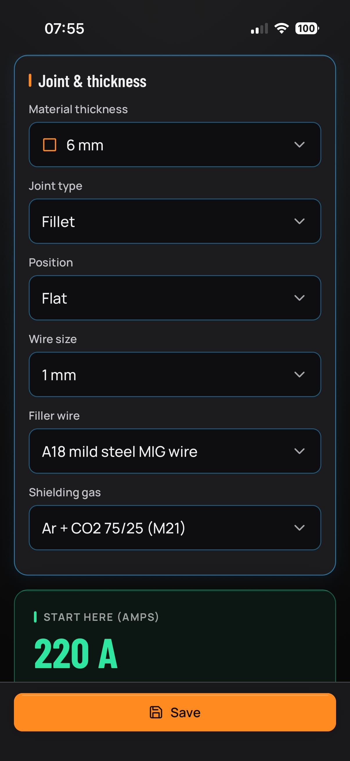 Welding settings calculator showing process, thickness and suggested machine parameters