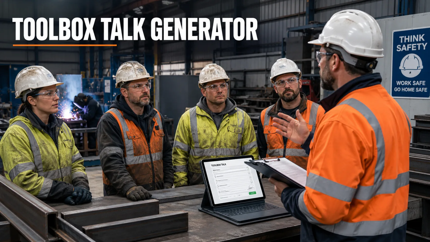 Toolbox talk generator for steelwork teams with a supervisor briefing welders in a fabrication workshop