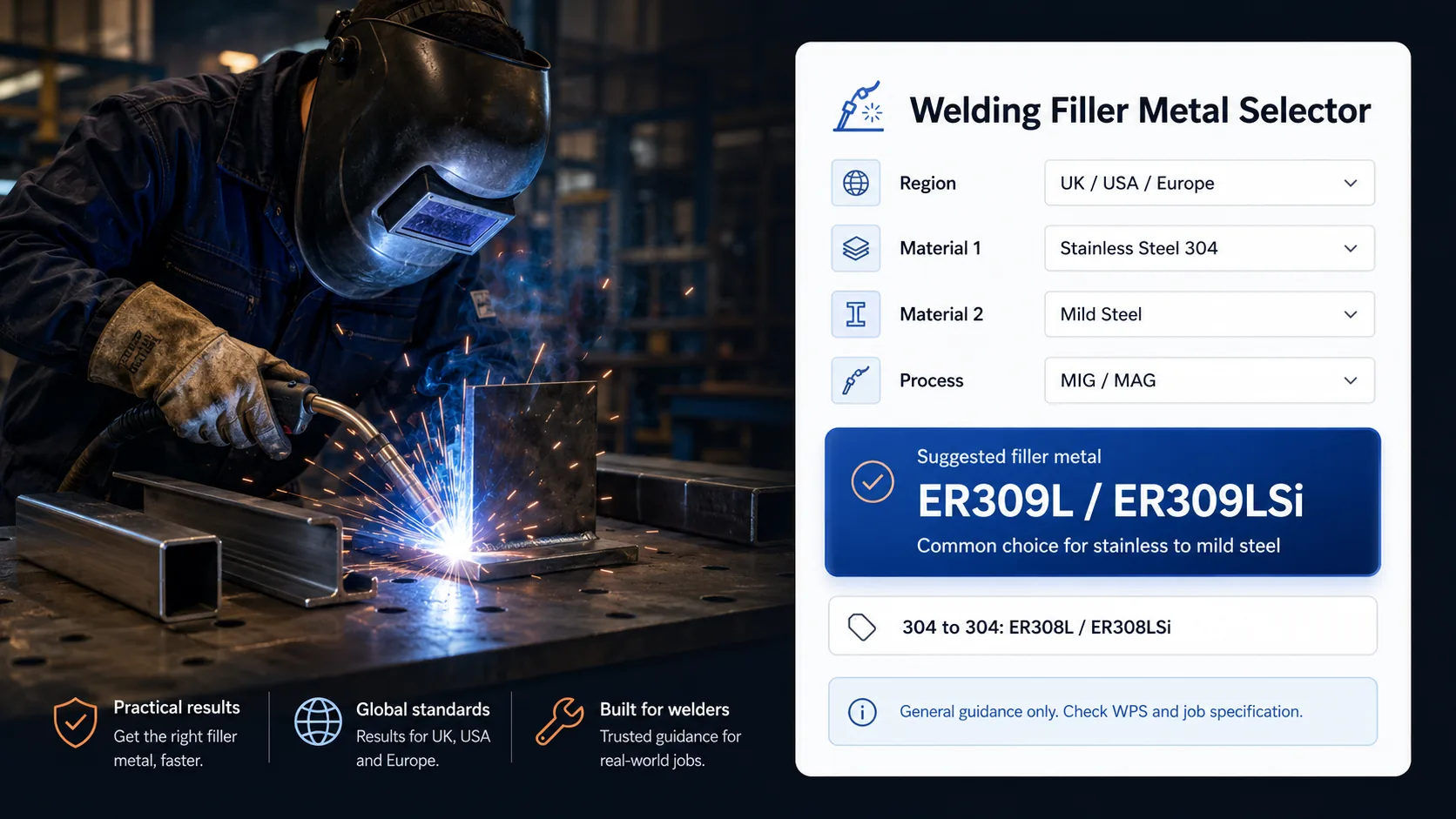 Welder using the Fabora Welding Filler Metal Selector tool showing MIG filler metal guidance for stainless steel to mild steel.