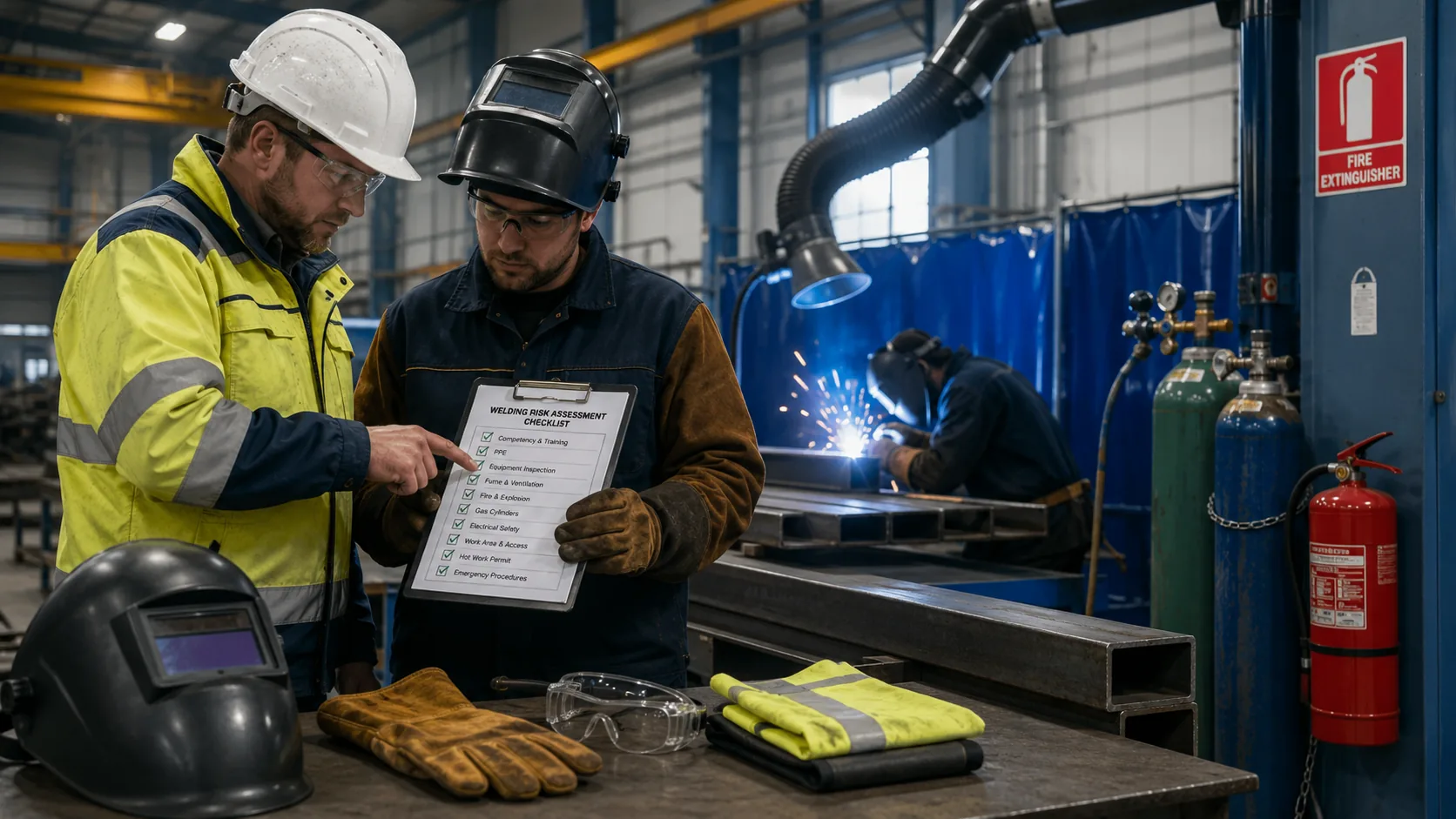 Welding risk assessment checklist review with PPE, gas cylinders, fire extinguisher and welders working in a fabrication workshop